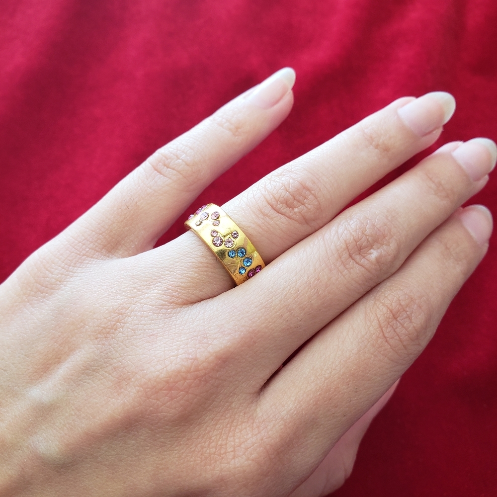 Gold tone Ring with blue and pink Rignstone - Picture 3 of 7